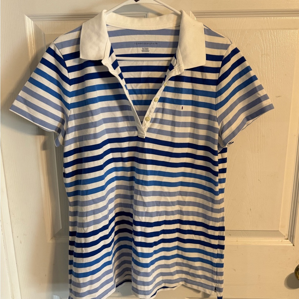 Tommy Hilfiger Blue and White Striped Polo Top